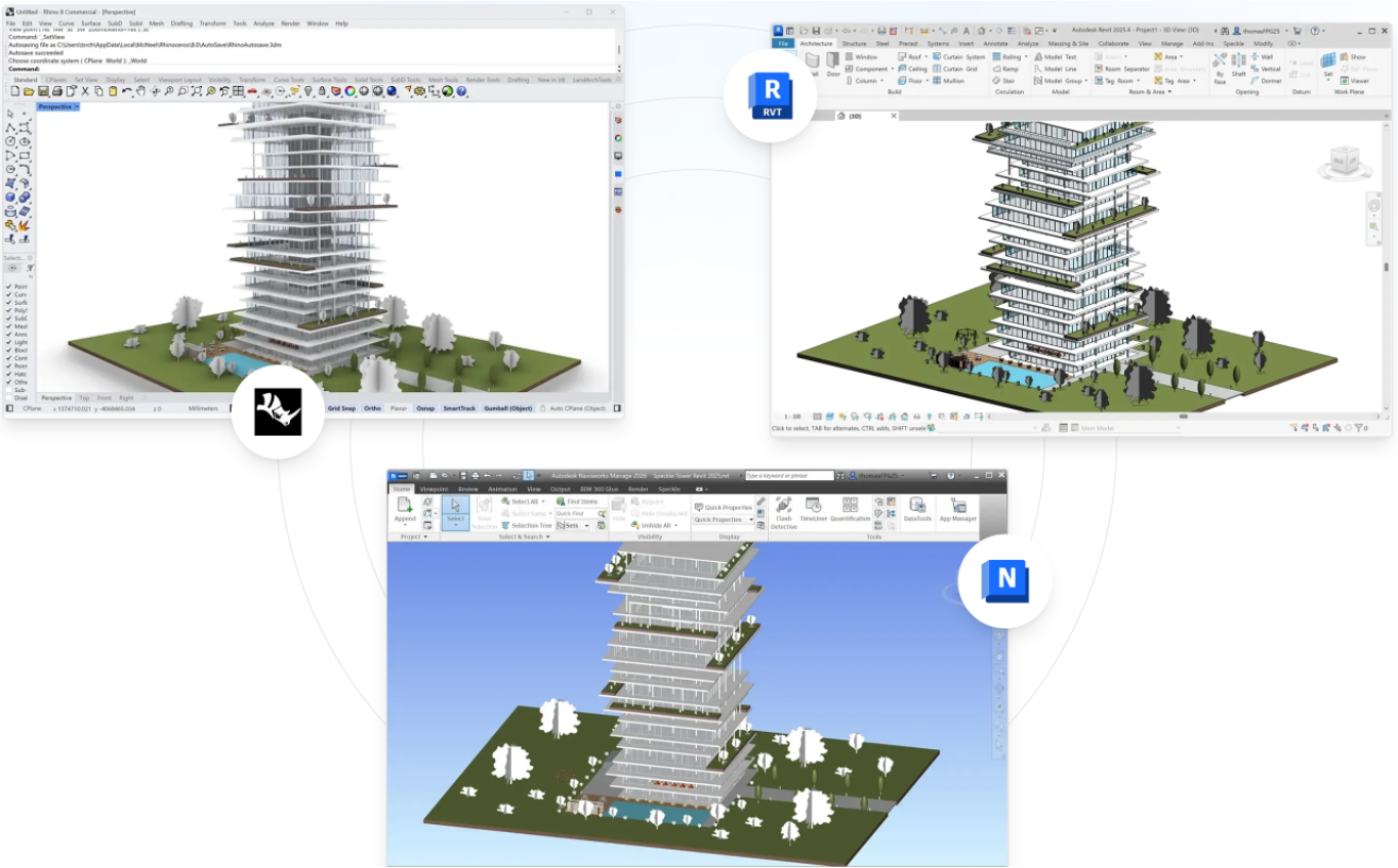 Speckle integration workflow — Rhino, Revit, and Navisworks connected through Speckle